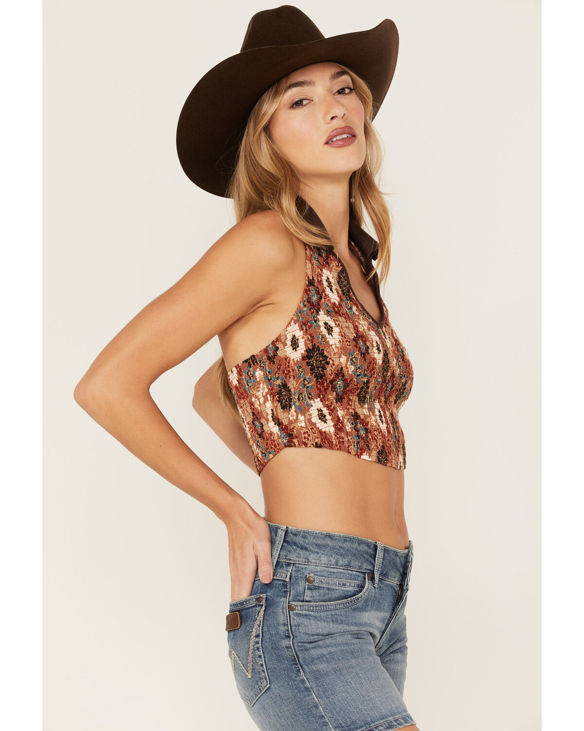 Image #3 - Shyanne Women's Floral Print Smocked Halter Crop Top, Chestnut, hi-res