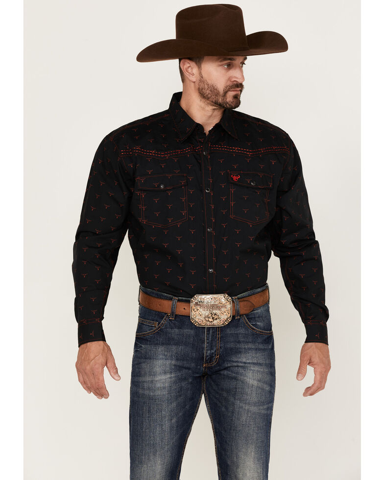 Cowboy Hardware Men's All-Over Skull Print Snap Long Sleeve Western Shirt , Black, hi-res