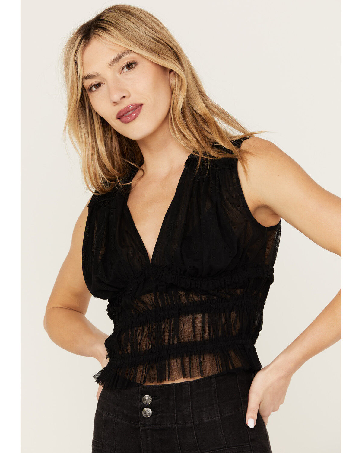 Image #3 - Beyond The Radar Women's Mesh Shirred Tank, Black, hi-res