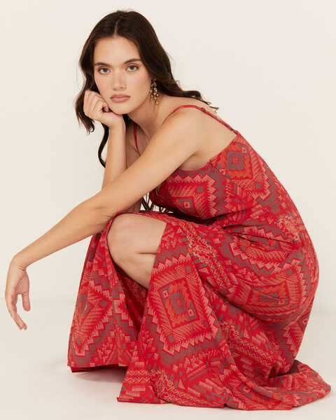 Wrangler Women's Southwestern Geo Print Sleeveless Maxi Dress, Red, hi-res