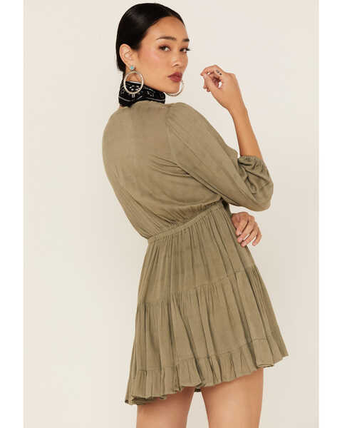 Image #4 - Lush Women's Tie Front Cutout Tiered Long Sleeve Dress, Olive, hi-res