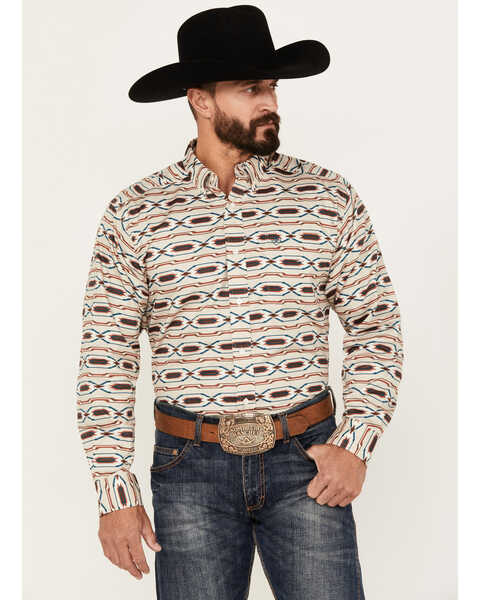 Ariat Men's Chimayo Southwestern Print Long Sleeve Button-Down Western Shirt, Sand, hi-res