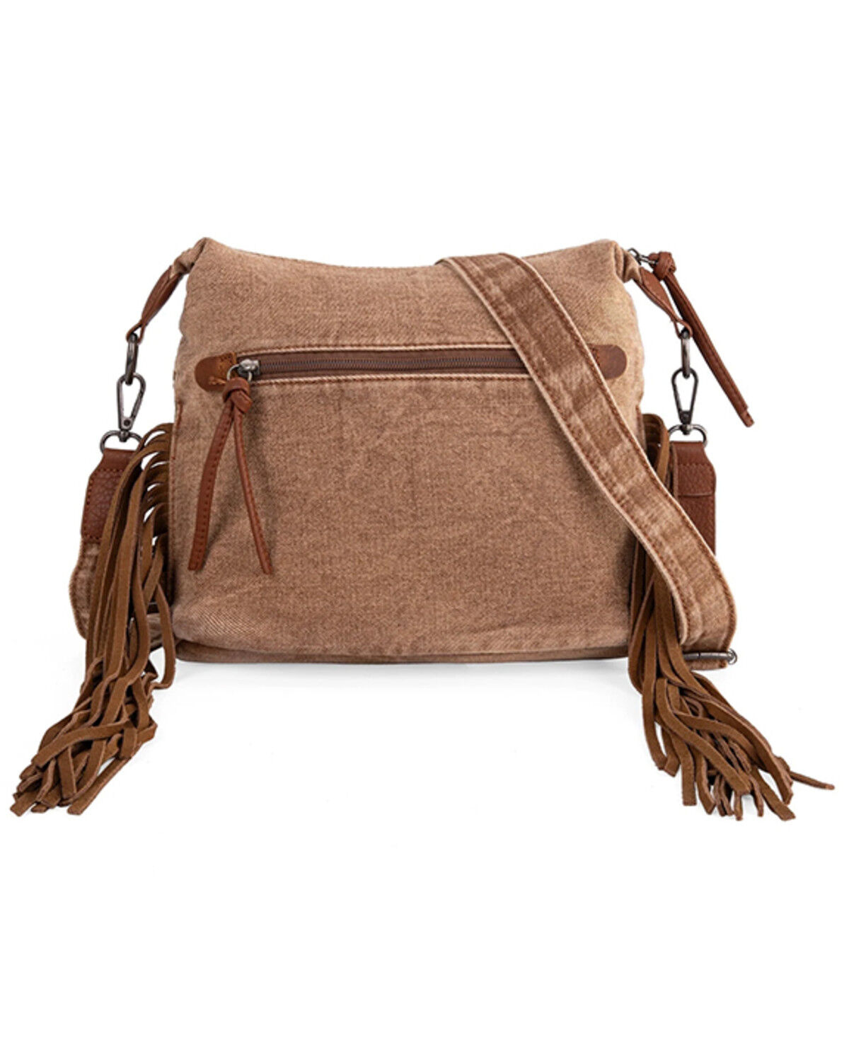 Image #3 - Wrangler Women's Fringe Floral Tooled Denim Crossbody Bag, Brown, hi-res