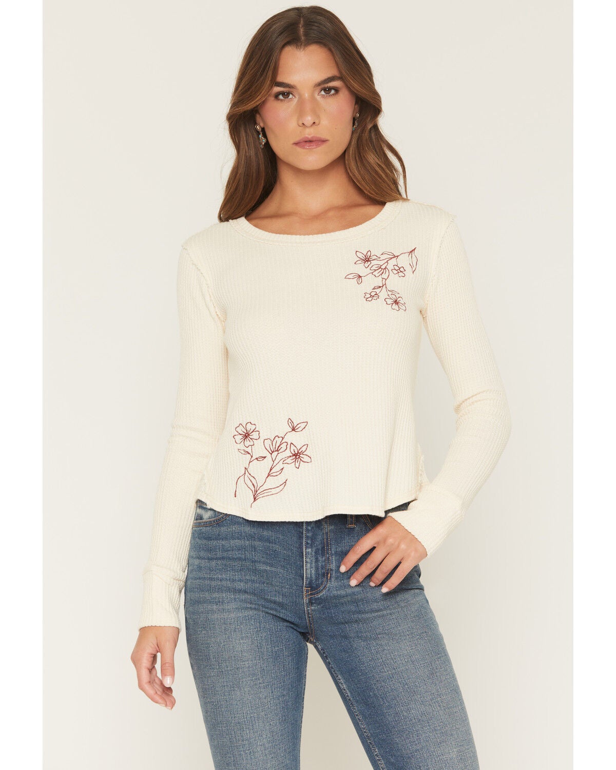 Wild Moss Women's Floral Embroidered Thermal Long Sleeve Top, Cream, hi-res