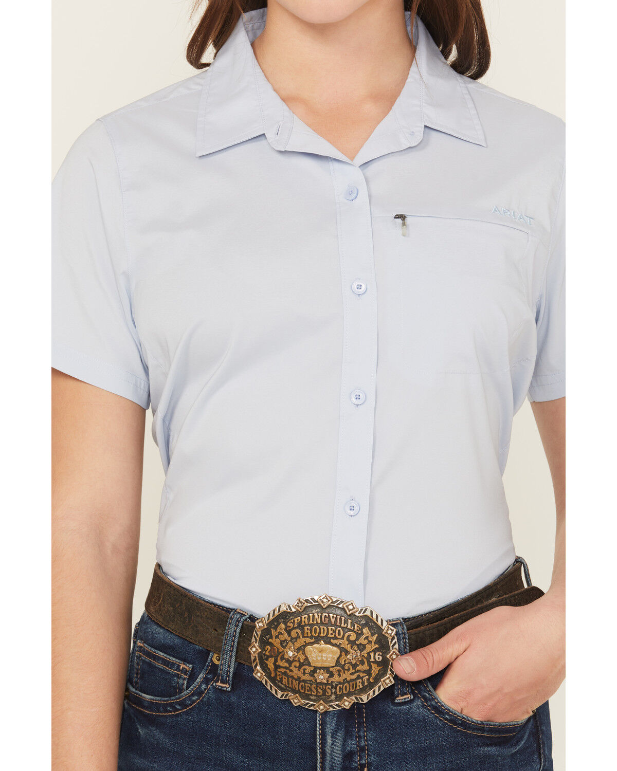 Image #3 - Ariat Women's VentTEK Solid Short Sleeve Button-Down Stretch Western Shirt, Light Blue, hi-res
