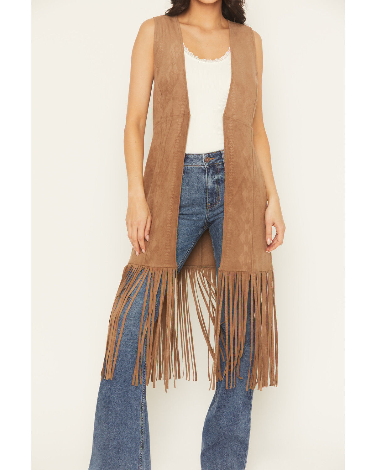 Image #3 - Shyanne Women's Embossed Southwestern Print Fringe Faux Suede Vest, Coffee, hi-res