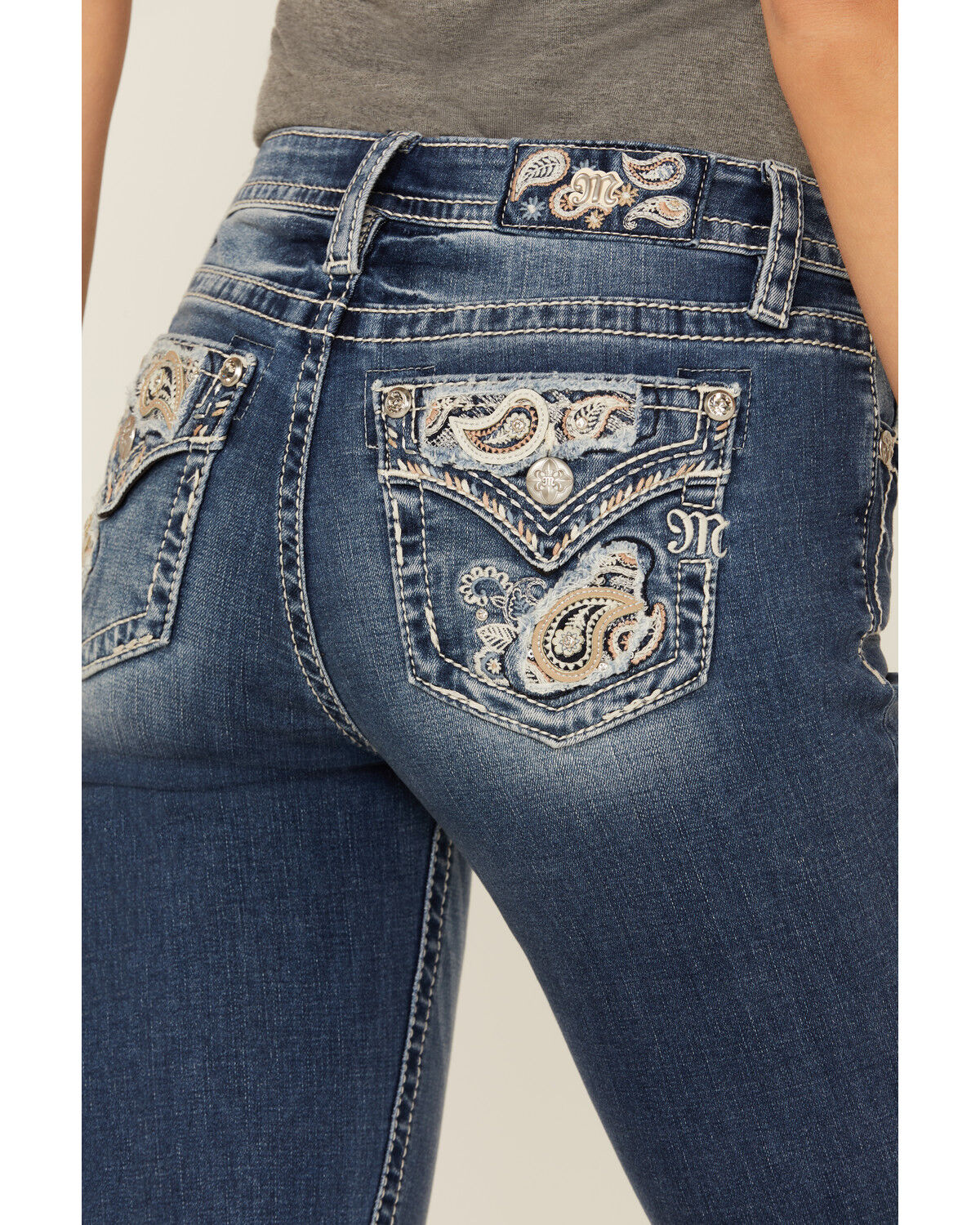 Image #2 - Miss Me Women's Dark Wash Mid Rise Paisley Pocket Bootcut Stretch Denim Jeans, Dark Wash, hi-res