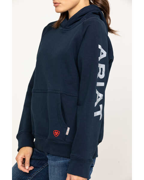 Ariat Women's Navy FR Primo Fleece Logo Hooded Sweatshirt , Navy, hi-res
