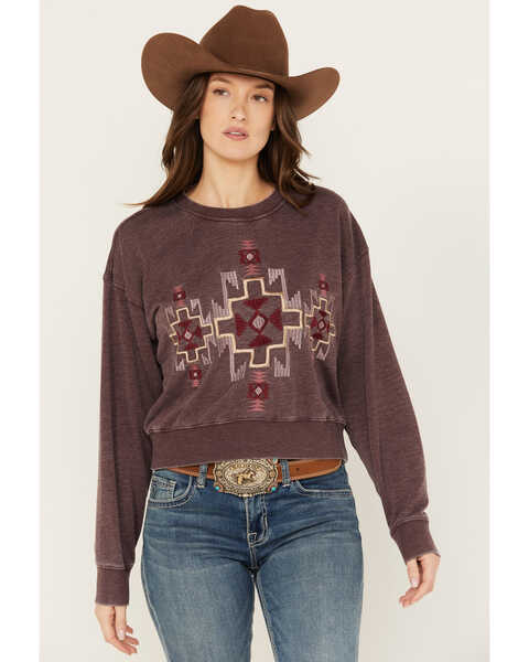 Ariat Women's Southwestern Embroidered Larson Sweatshirt , Maroon, hi-res