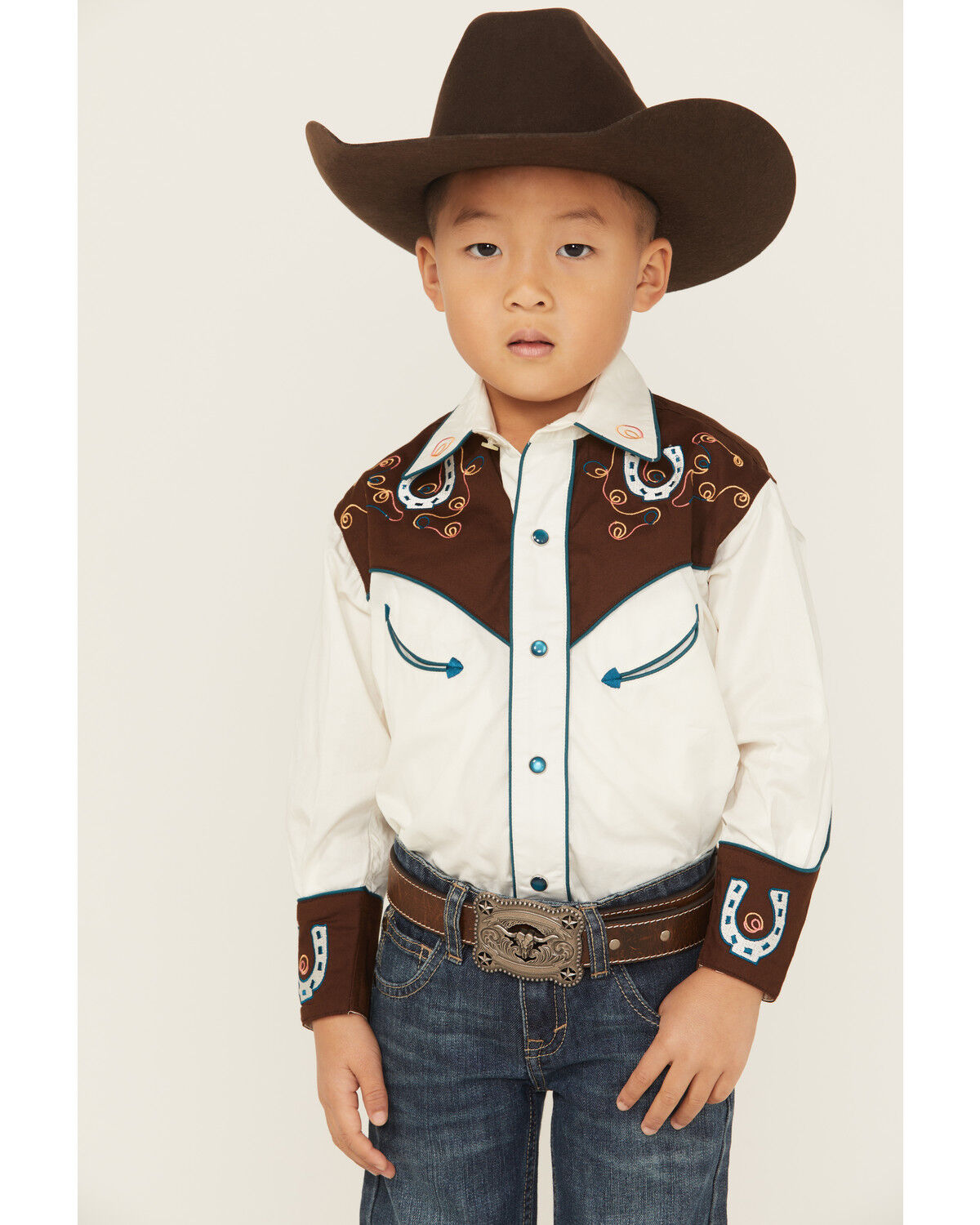 Image #1 - Rockmount Ranchwear Boys' Embroidered Long Sleeve Pearl Snap Western Shirt, Ivory, hi-res