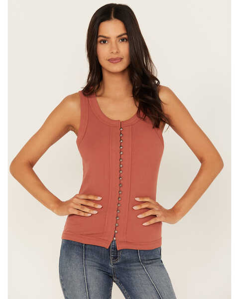 Idyllwind Women's Edna Button Front Ribbed Tank , Pecan, hi-res