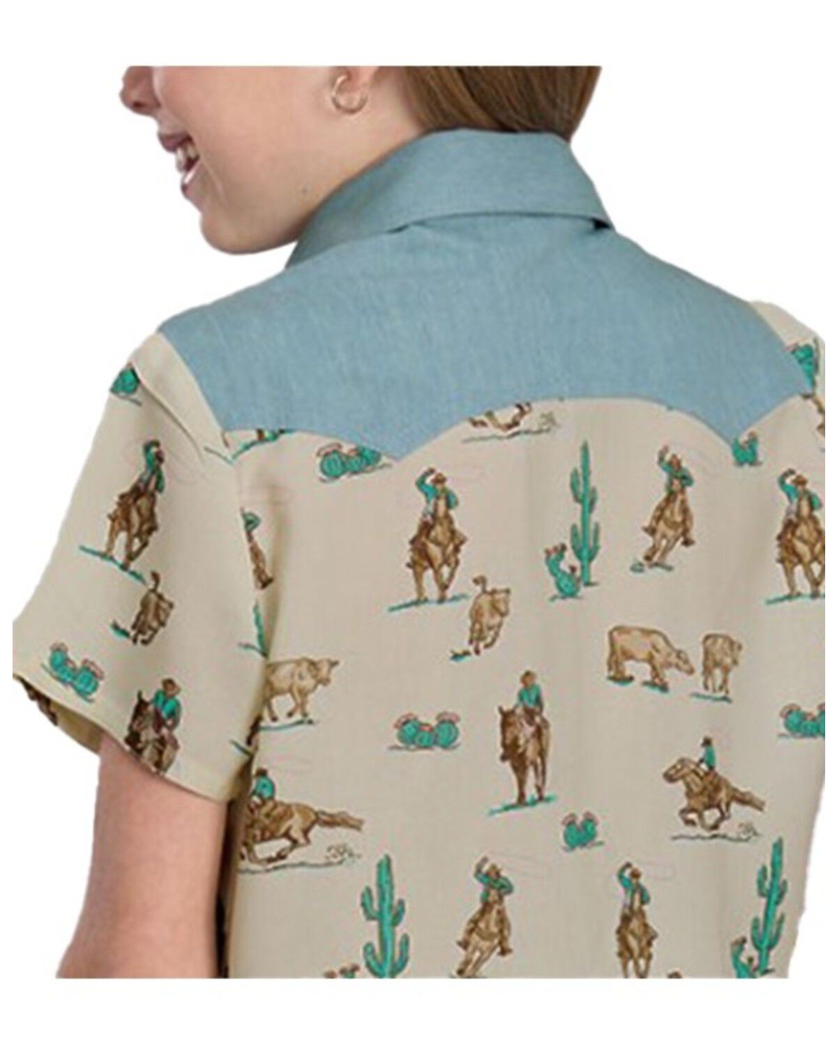 Image #2 - Roper Girls' Cow Print Denim Color Block Short Sleeve Button-Down Western Shirt, Tan, hi-res