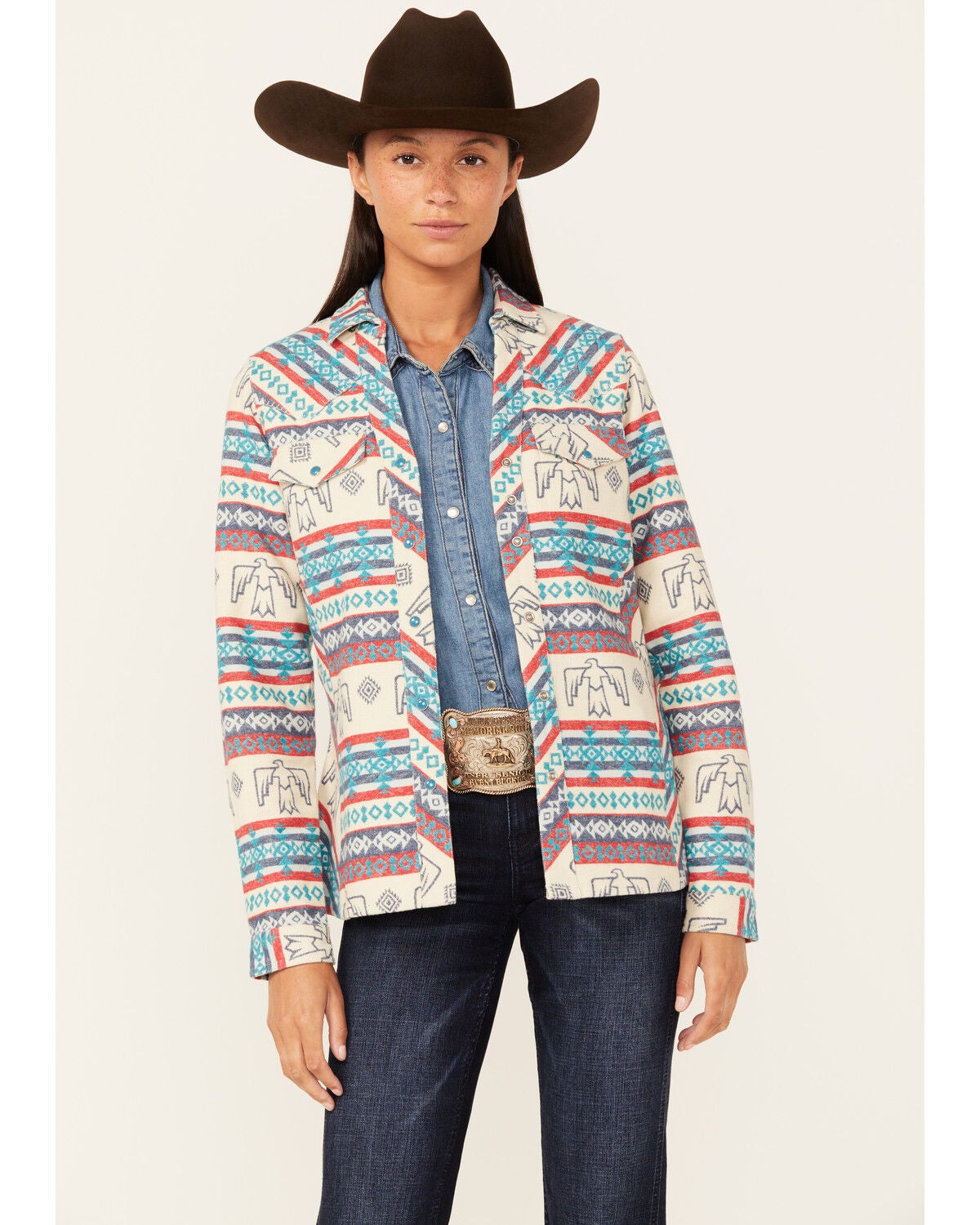 Outback Trading Co Women's Lorelei Southwestern Thunderbird Print Long Sleeve Snap Performance Shirt, Tan, hi-res
