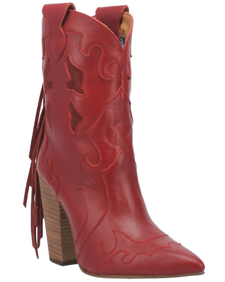 Dingo Women's Night Underlay Fringe Western Booties - Pointed Toe, Red, hi-res
