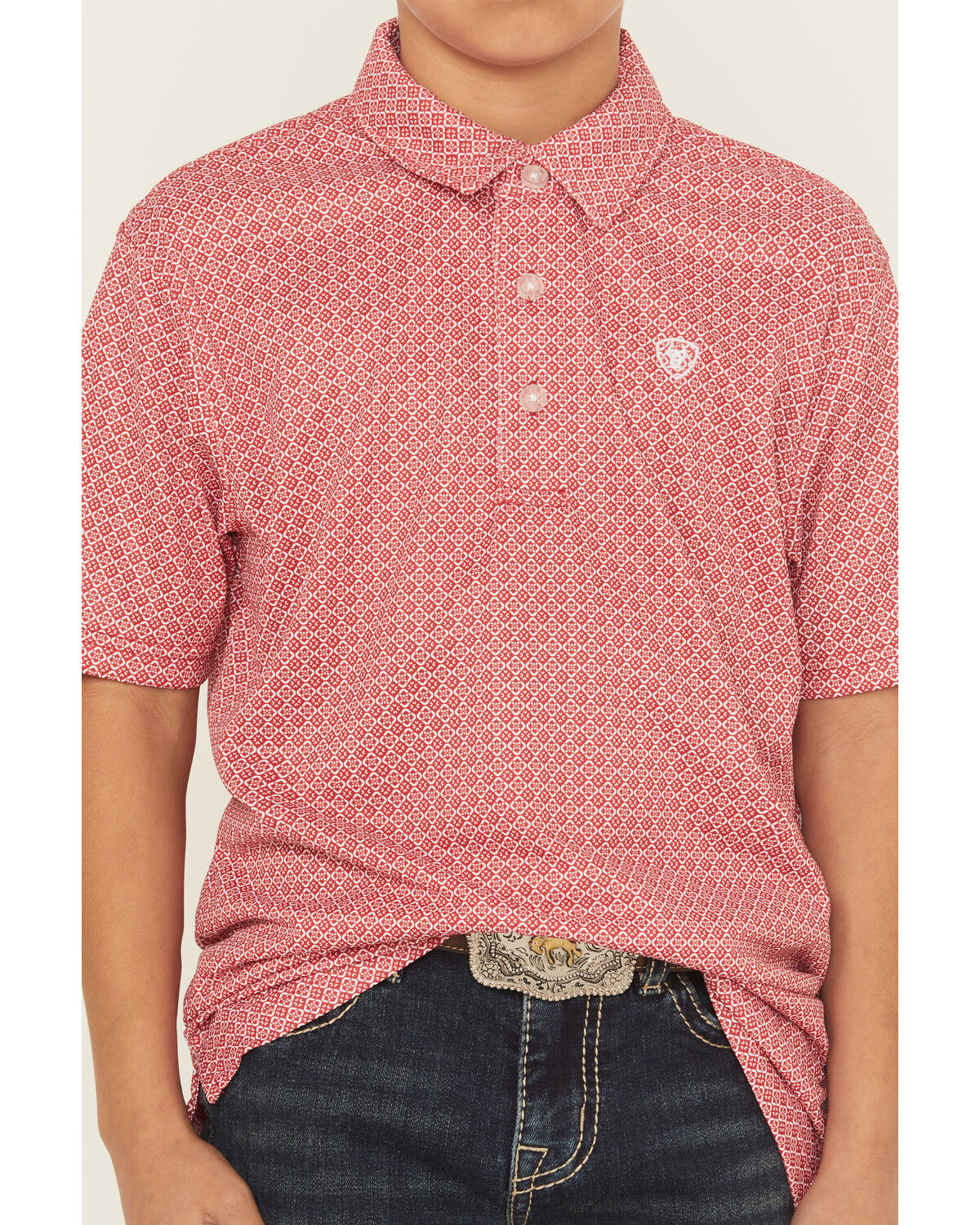 Image #3 - Ariat Boys' Geo Print Short Sleeve Button-Down Polo, Red, hi-res