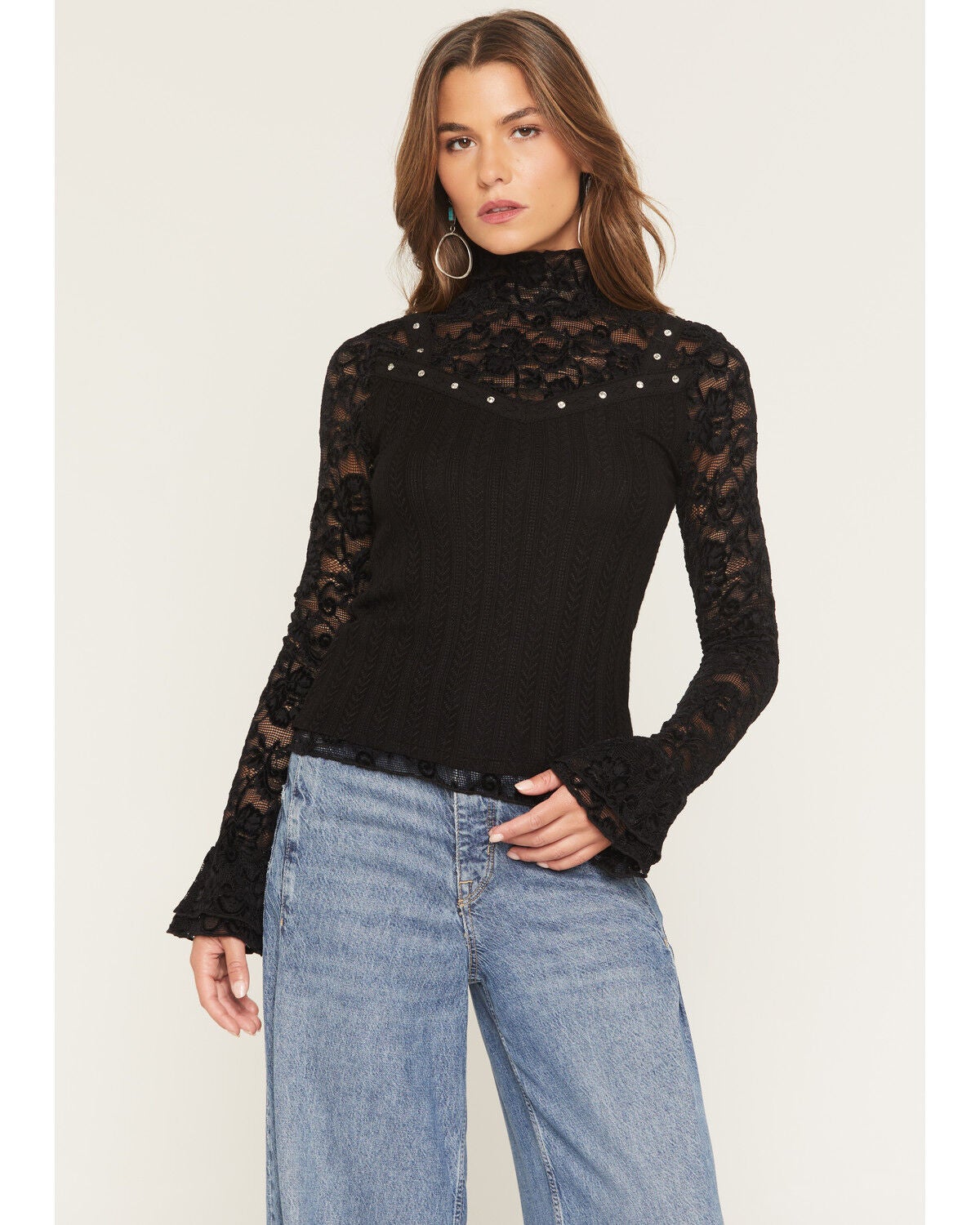 Miss Me Women's Mock Neck Lace Long Sleeve Top - Country Outfitter