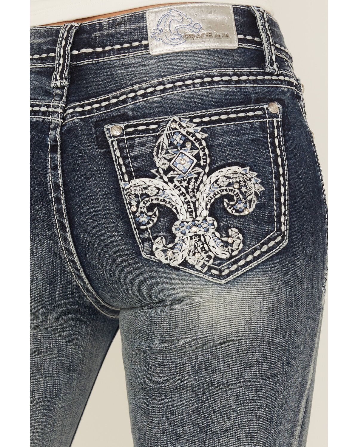 Image #2 - Grace In LA Women's Medium Wash Fleur De Lis Embroidered Mid Rise Bootcut Stretch Denim Jeans, Medium Wash, hi-res