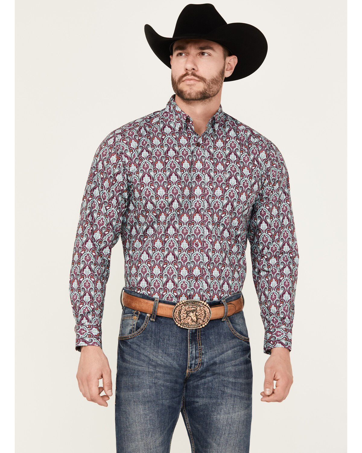 Image #1 - Ariat Men's Stefan Paisley Print Long Sleeve Button-Down Western Shirt, Magenta, hi-res