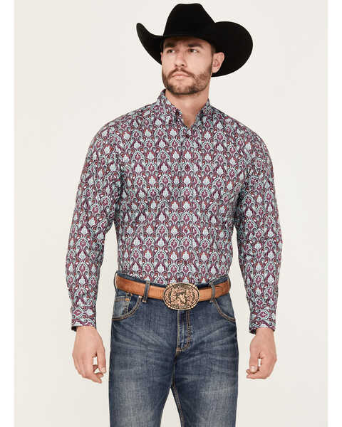 Ariat Men's Stefan Paisley Print Long Sleeve Button-Down Western Shirt, Magenta, hi-res