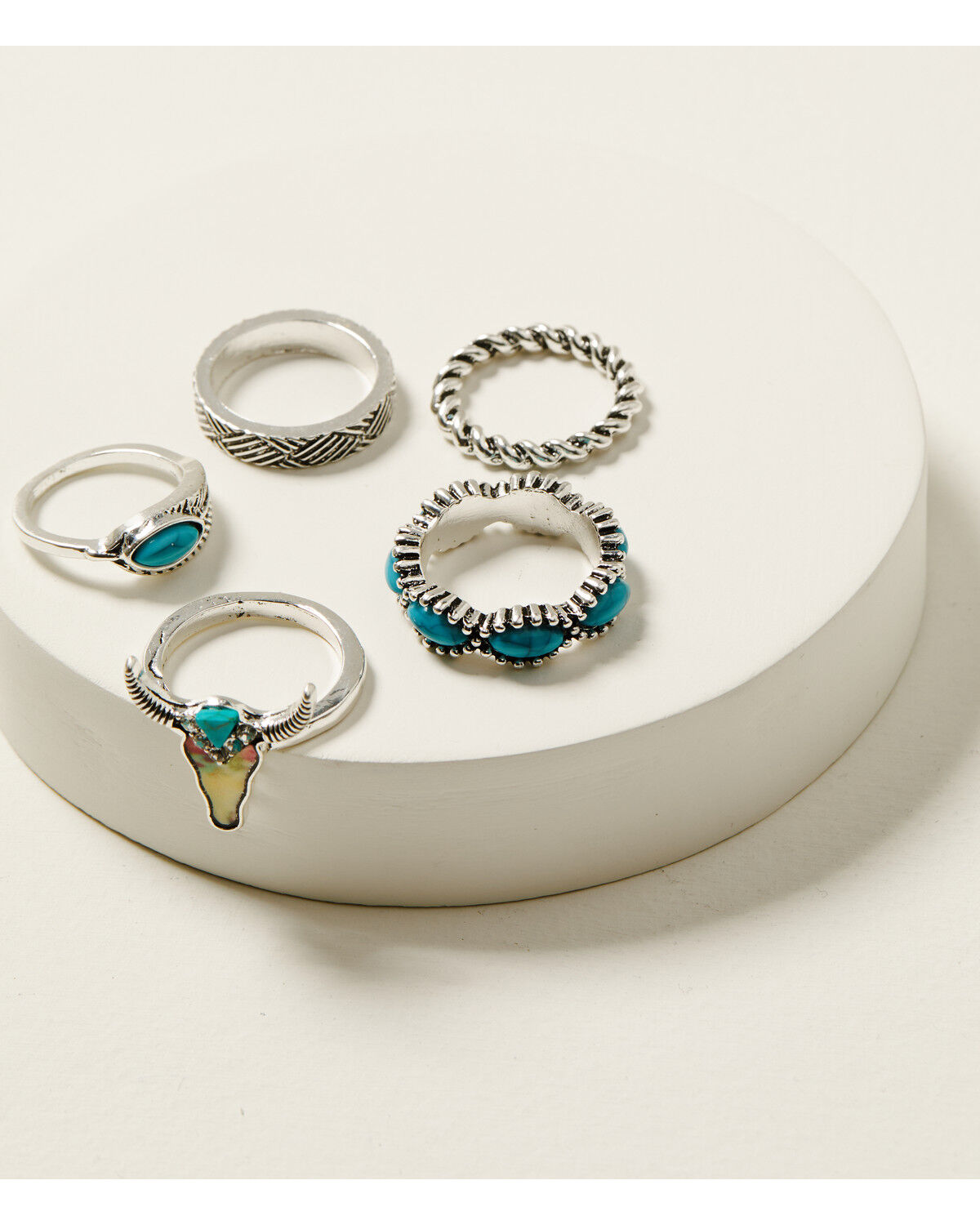 Image #1 - Shyanne Women's Steer Head and Feather Ring Set - 5 Piece, Turquoise, hi-res