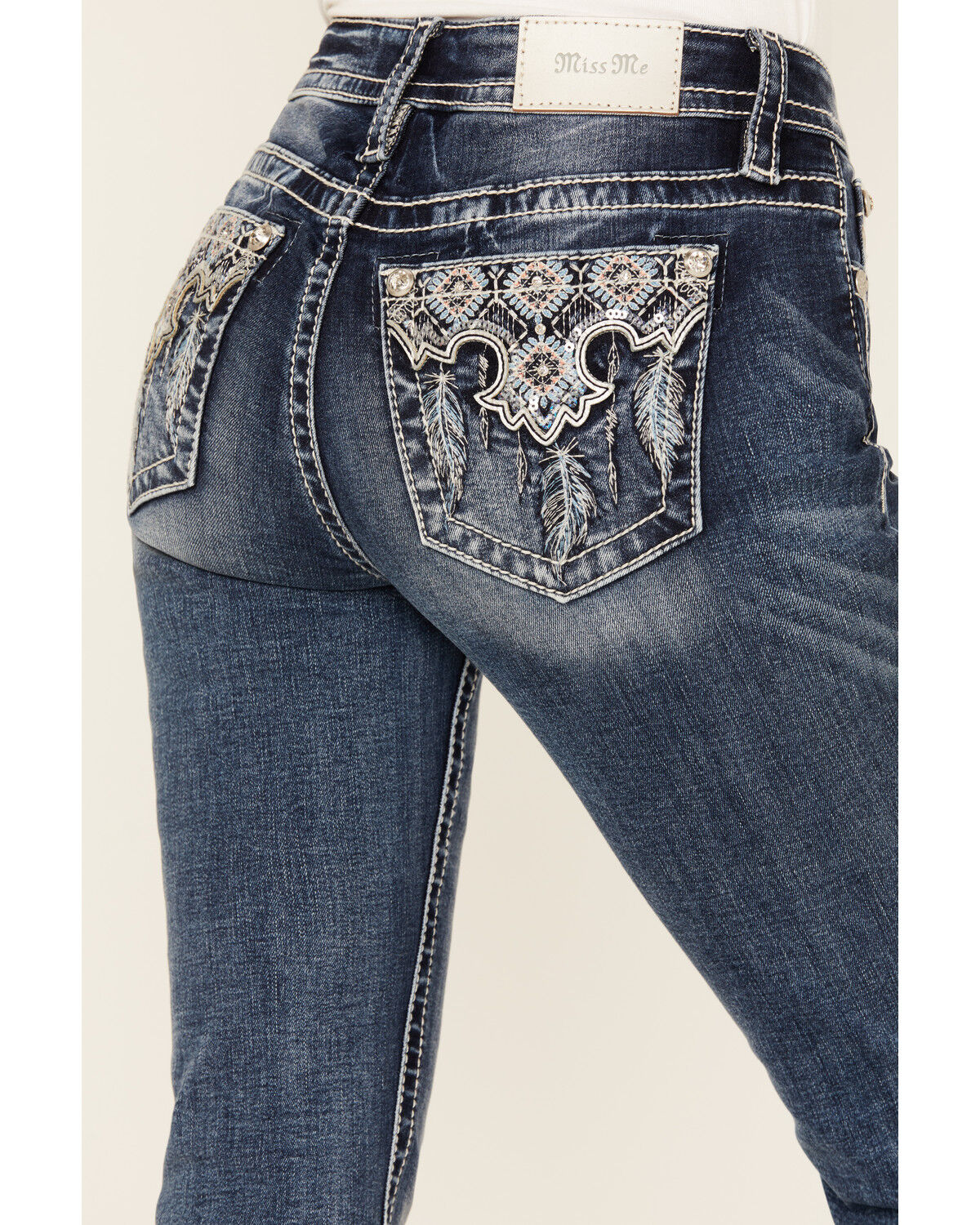 Image #2 - Miss Me Women's Dark Rise Mid Wash Geo Feather Pocket 34" Bootcut Stretched Denim Jeans, Dark Wash, hi-res
