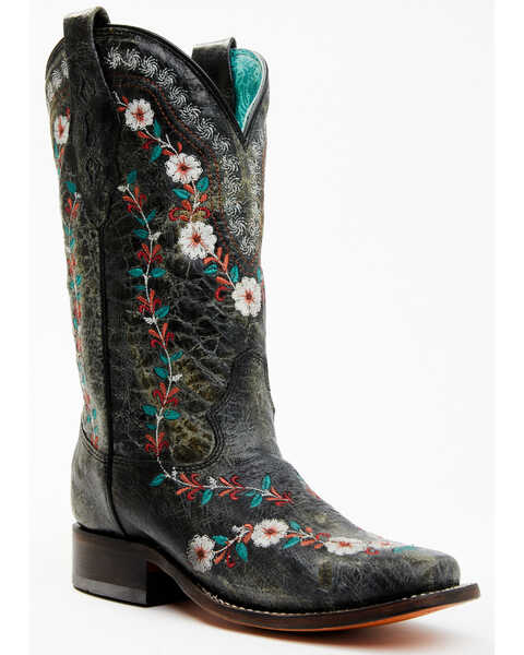 Image #1 - Corral Women's Floral Blacklight Western Boots - Square Toe , Black, hi-res