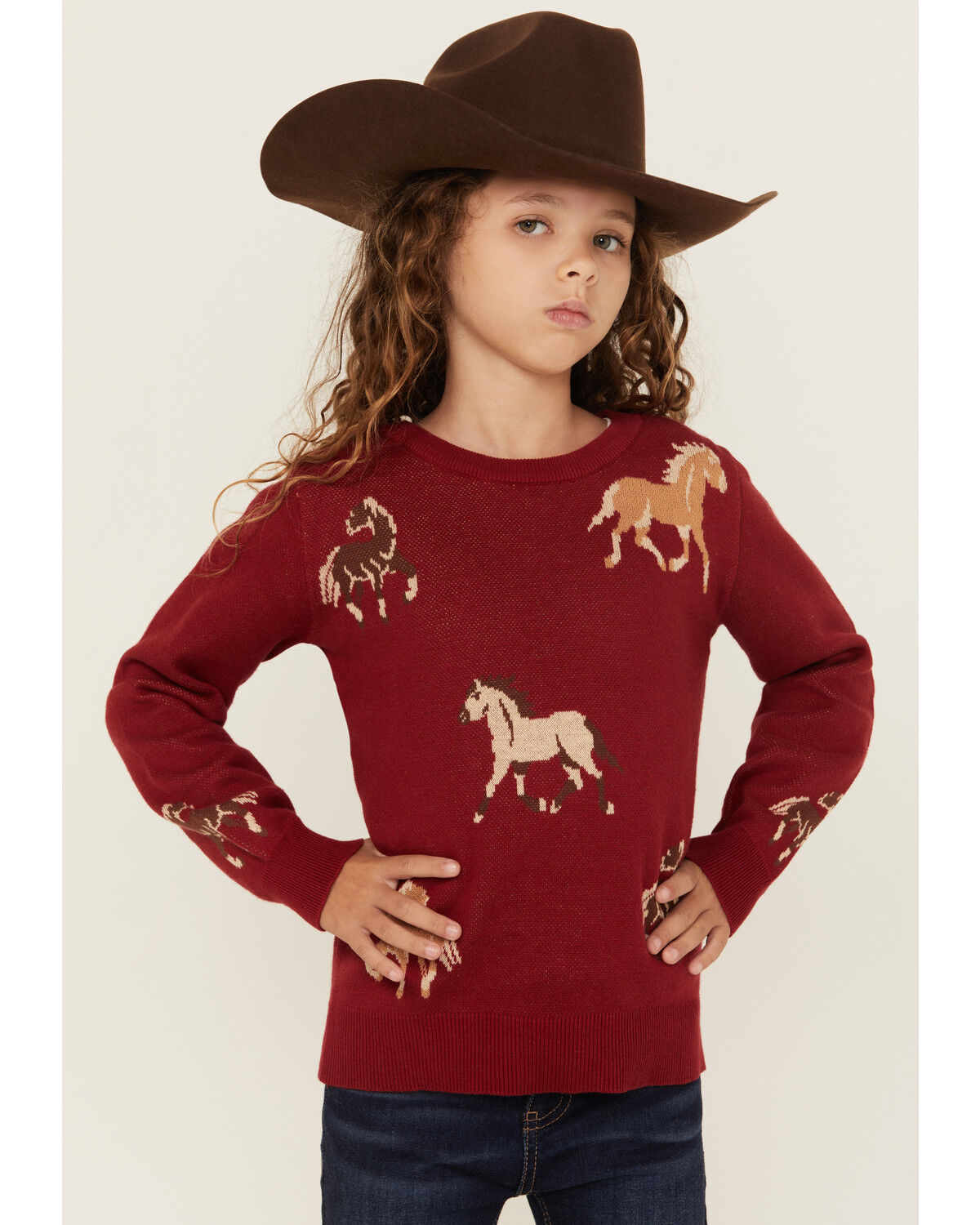 Image #1 - Cotton & Rye Girls' Horse Print Sweater, Red, hi-res