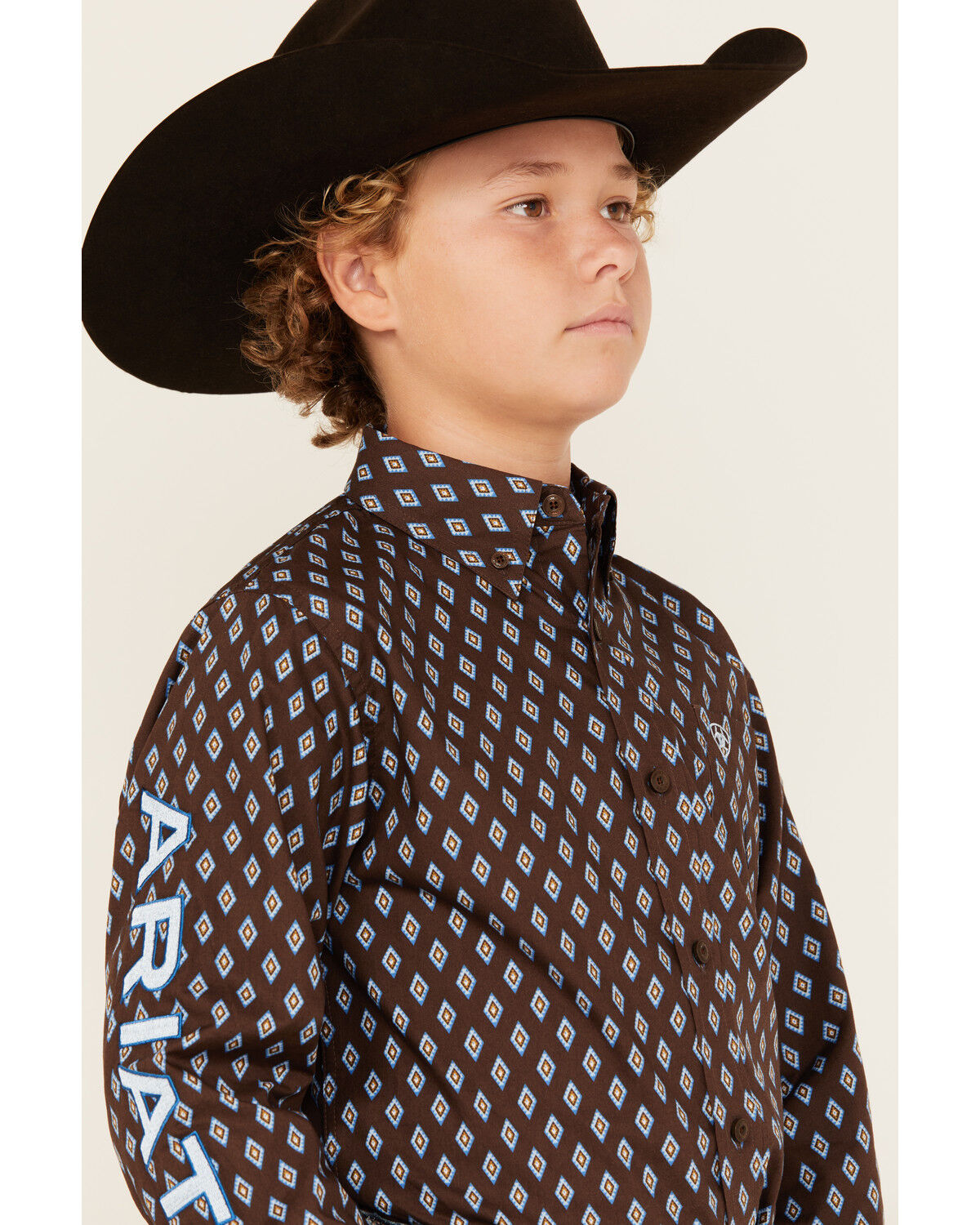 Image #2 - Ariat Boys' Logo Team Geo Print Long Sleeve Button-Down Western Shirt, Brown, hi-res