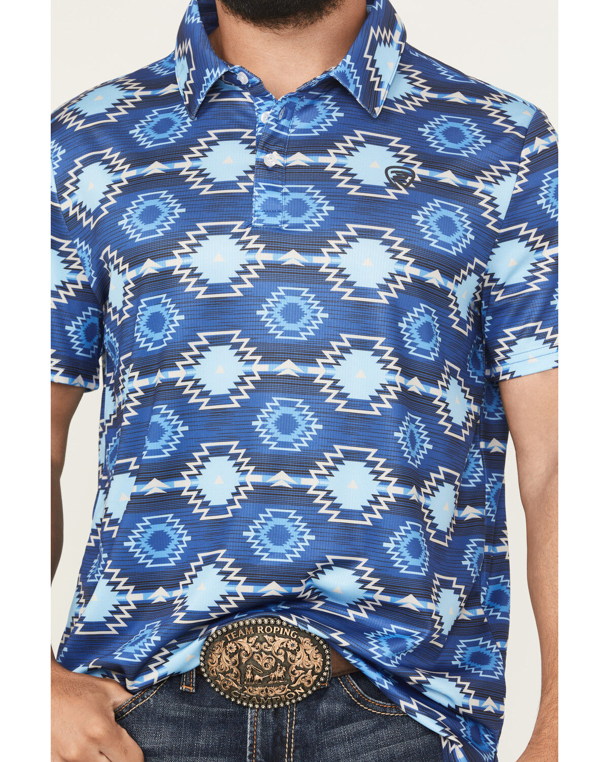 Image #3 - Rock & Roll Denim Men's Southwestern Print Short Sleeve Button-Down Stretch Polo, Blue, hi-res