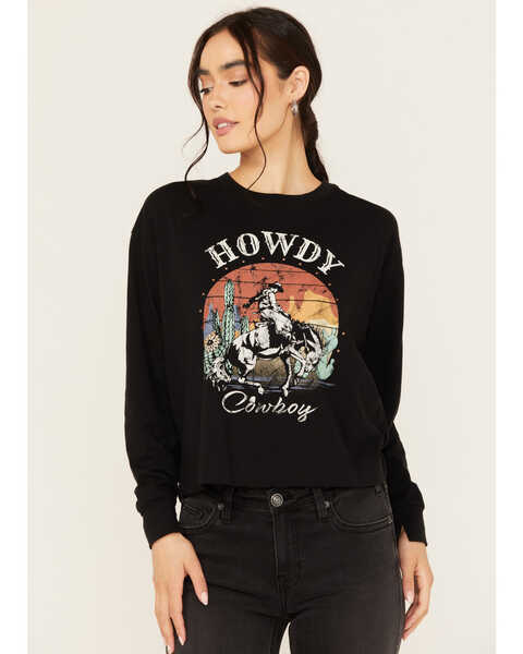 White Crow Women's Studded Howdy Long Sleeve Graphic Tee, Black, hi-res
