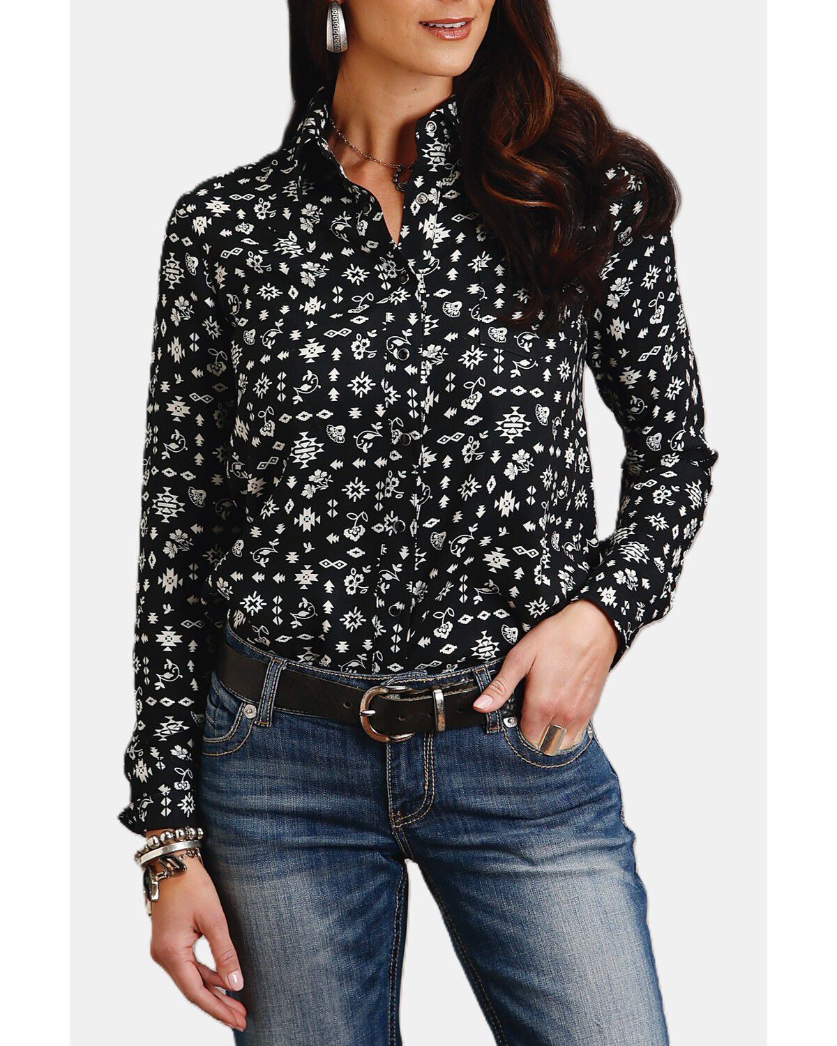 Stetson Women's Southwestern Print Long Sleeve Snap Western Shirt, Black, hi-res