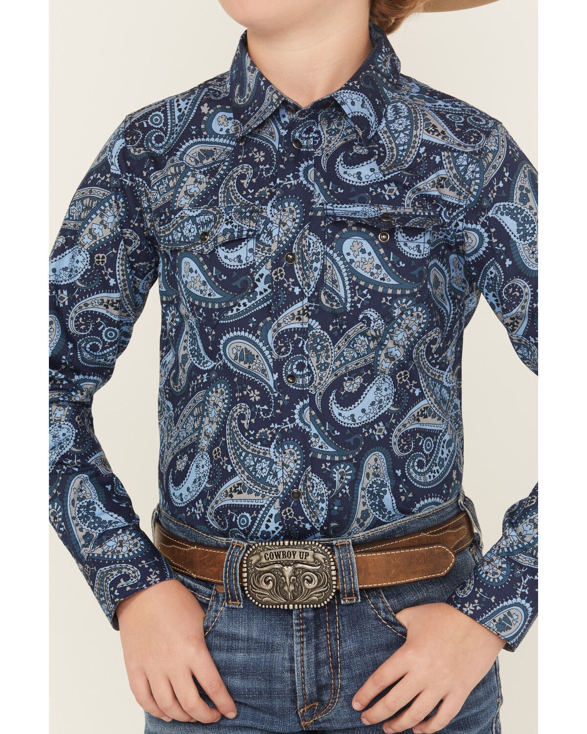 Image #3 - Cody James Boys' Westward Paisley Print Long Sleeve Snap Western Shirt, Navy, hi-res