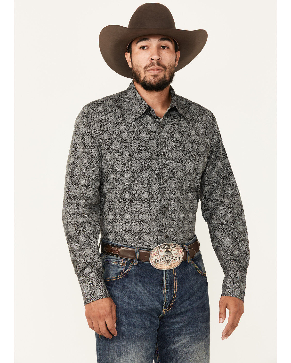 Image #1 - Stetson Men's Medallion Print Long Sleeve Snap Western Shirt, Black, hi-res