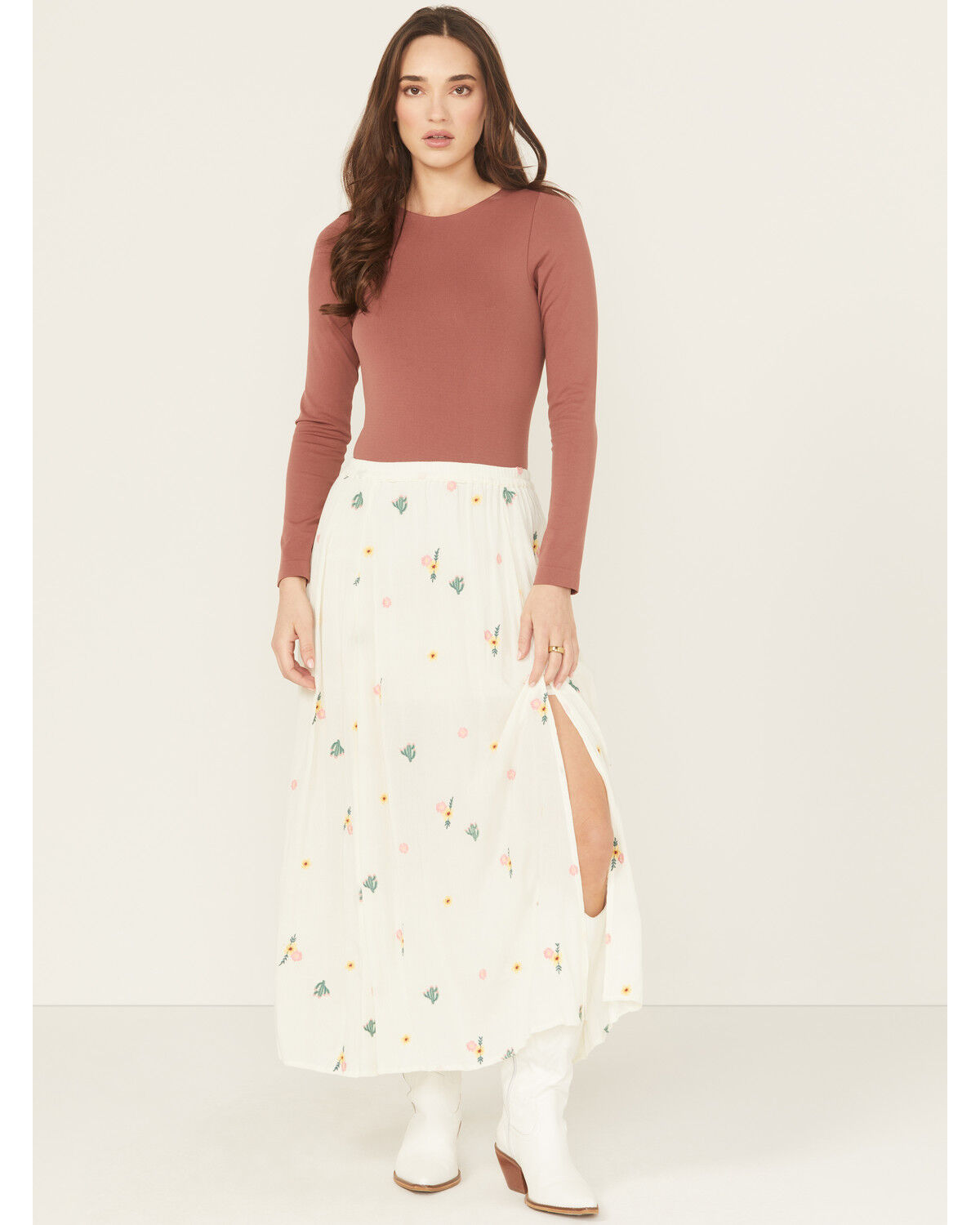 Image #1 - Rock & Roll Denim Women's Floral Embroidered Midi Skirt, Natural, hi-res