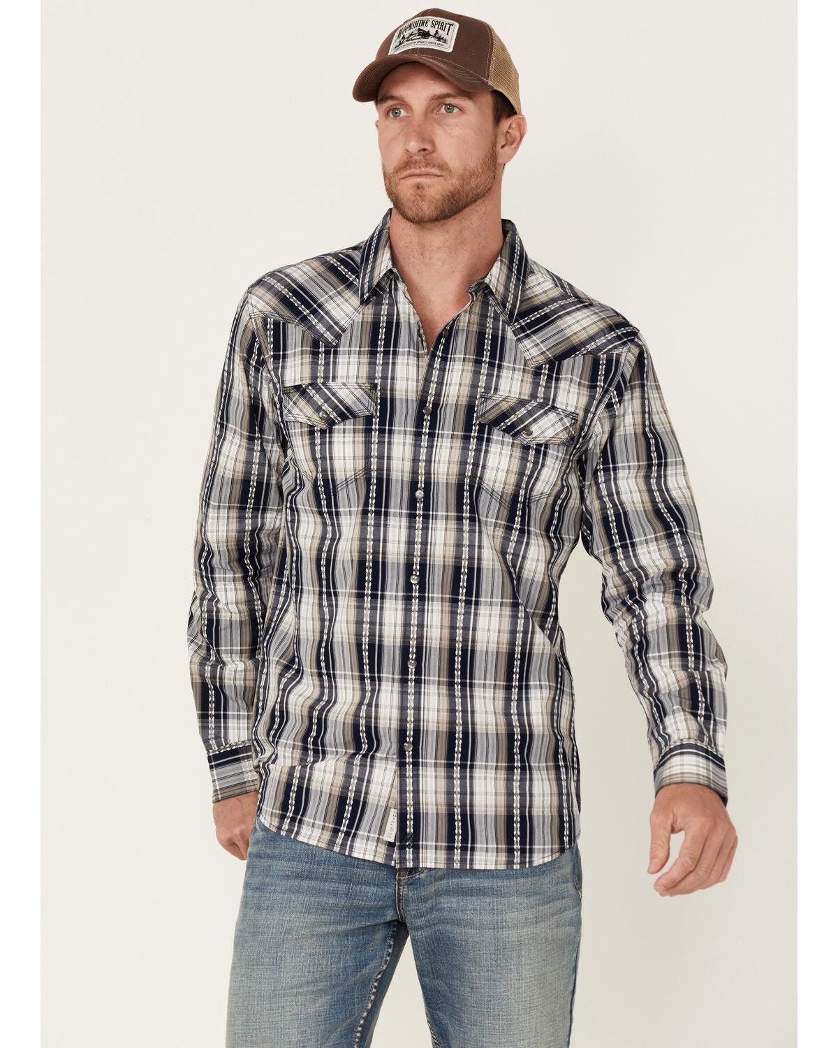 Image #1 - Moonshine Spirit&reg; Men's Talum Plaid Long Sleeve Snap Western Shirt, Navy, hi-res
