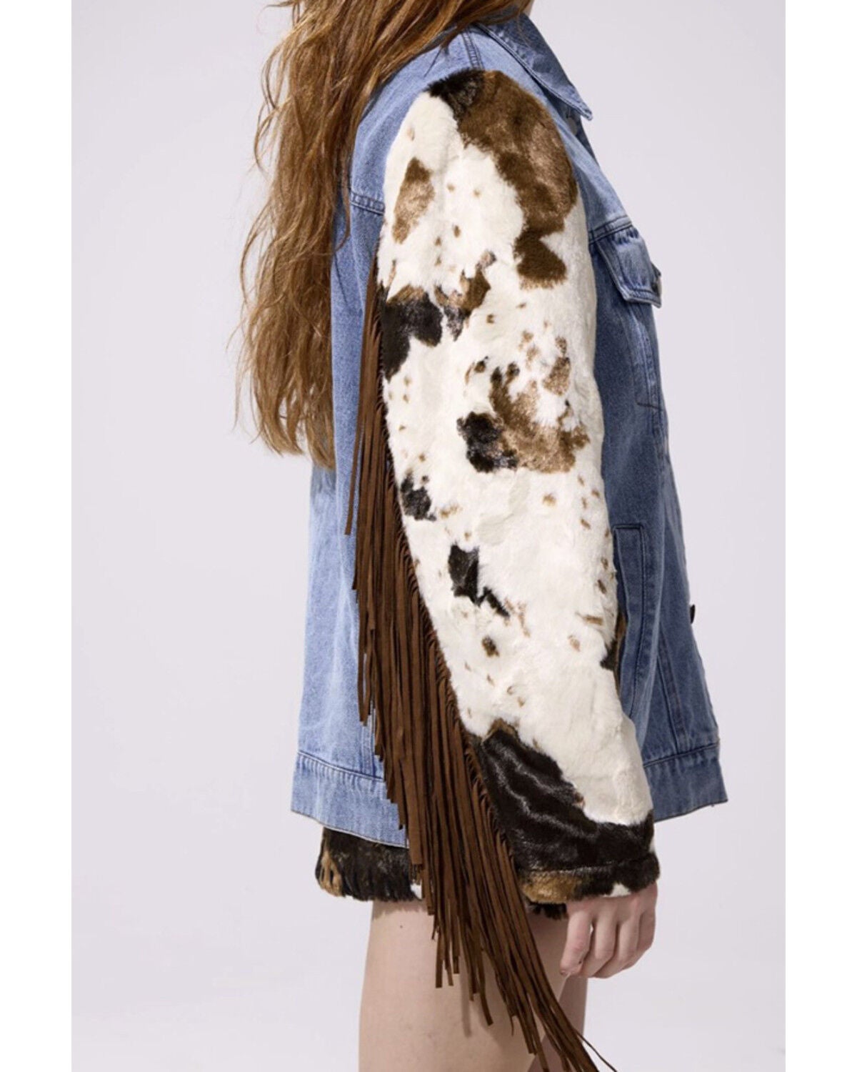Image #2 - Azalea Wang Women's Cow Print Fringe Button-Down Denim Jacket, Multi, hi-res
