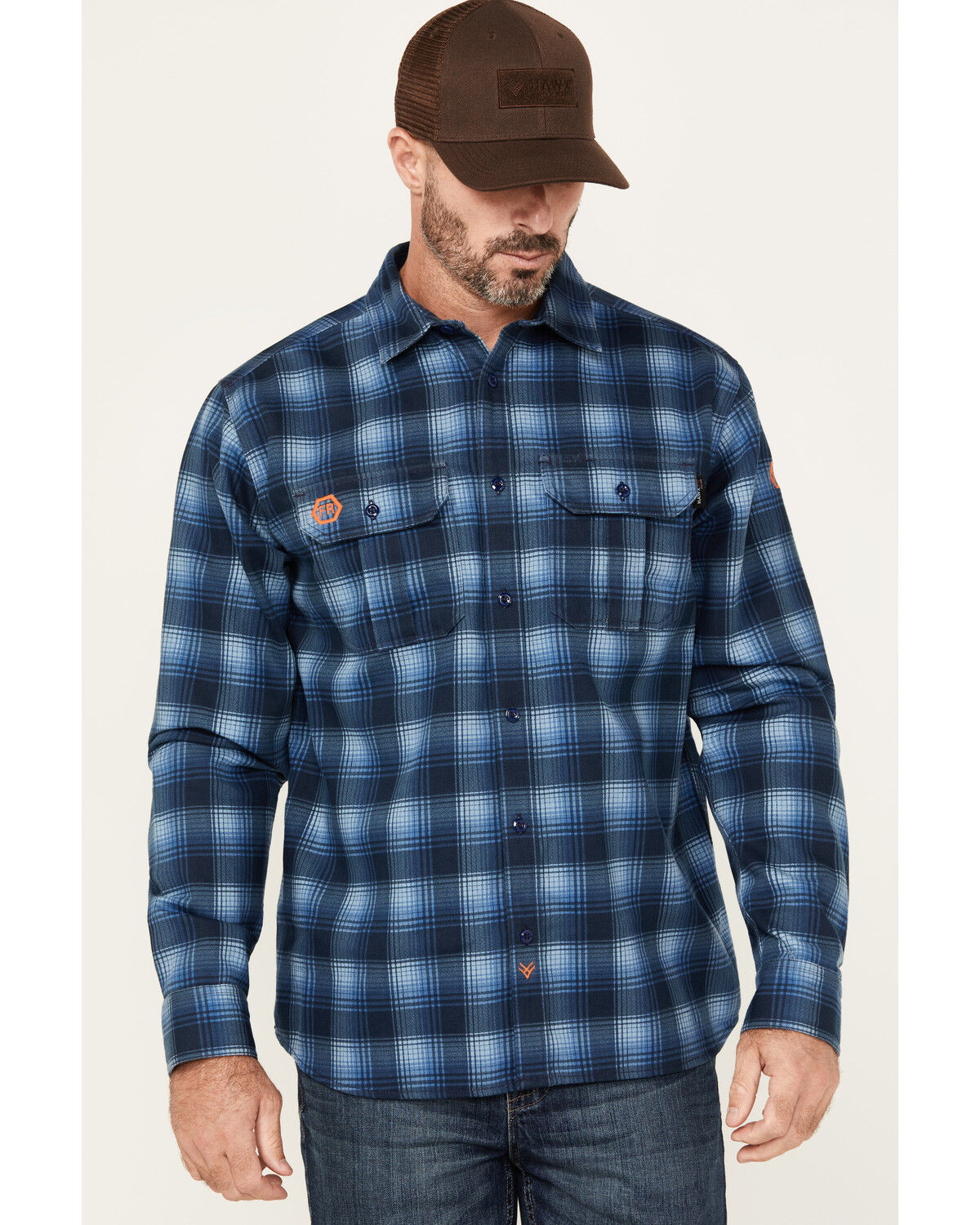 Image #1 - Hawx Men's FR Plaid Print Long Sleeve Button-Down Western Work Shirt, Navy, hi-res