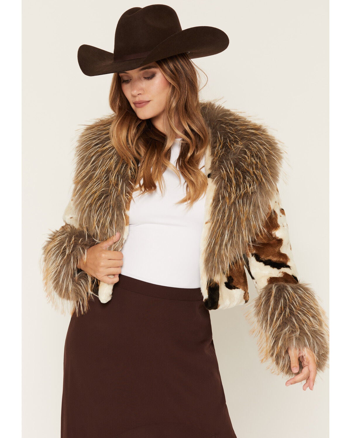 Azalea Wang Women's Bree Cow Print Faux Fur Cropped Jacket, Multi, hi-res