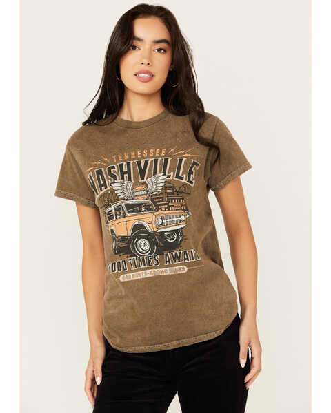 Youth in Revolt Women's Nashville Embellished Car Short Sleeve Graphic Tee, Green, hi-res