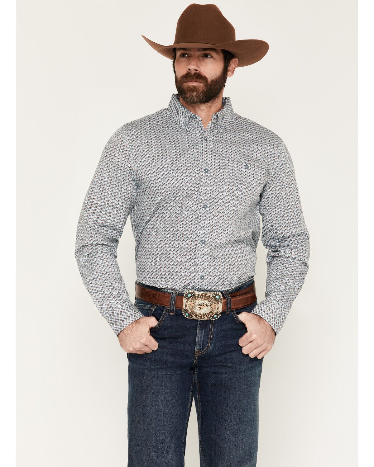 RANK 45&reg; Men's Stone Bluff Geo Print Long Sleeve Button-Down Stretch Western Shirt, Multi, hi-res