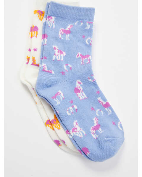 Shyanne Girls' Bel Air Blue Horse Print Crew Socks - 2 Pack , Multi, hi-res