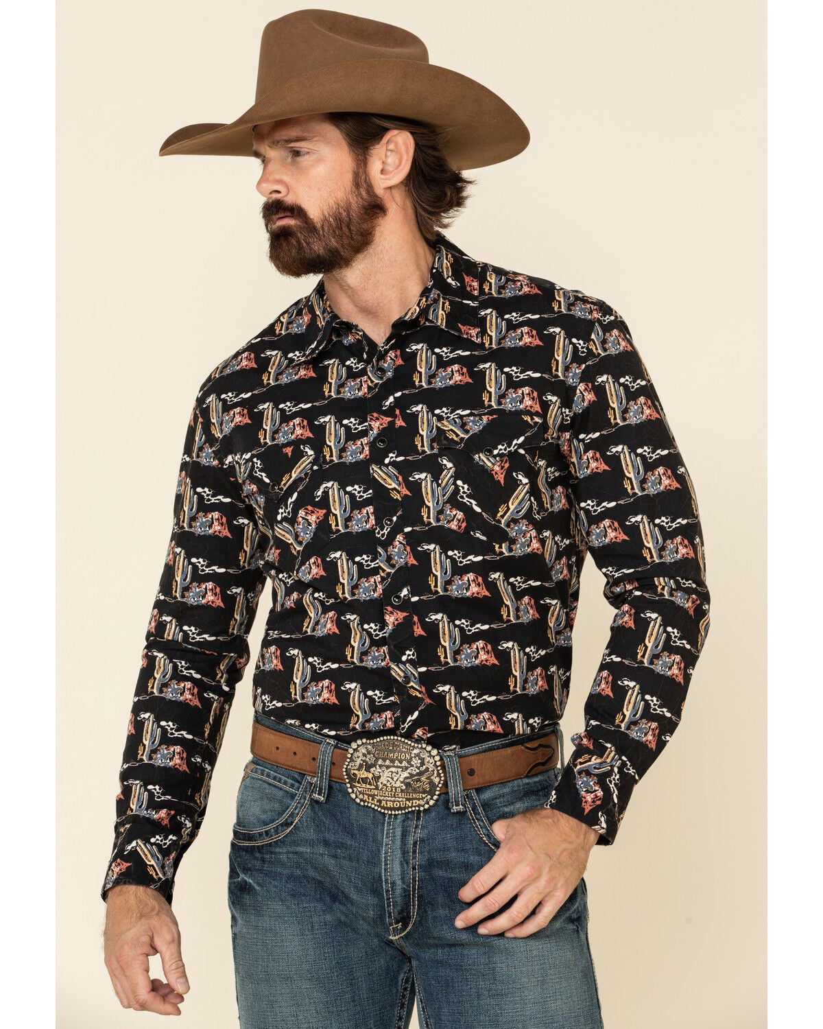 Dale Brisby Men's Cactus Print Long Sleeve Snap Western Shirt, Black, hi-res