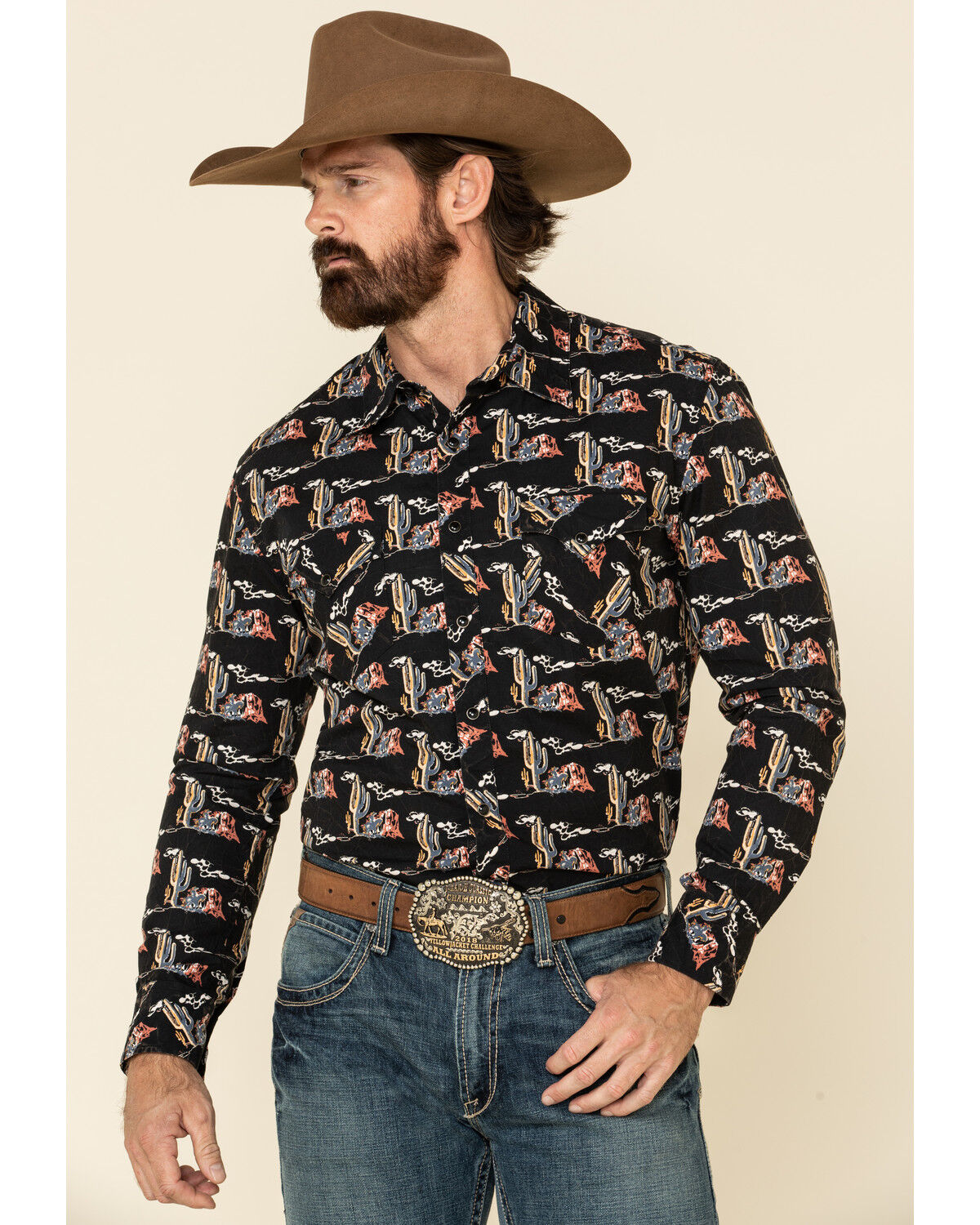 Image #1 - Dale Brisby Men's Cactus Print Long Sleeve Snap Western Shirt, Black, hi-res