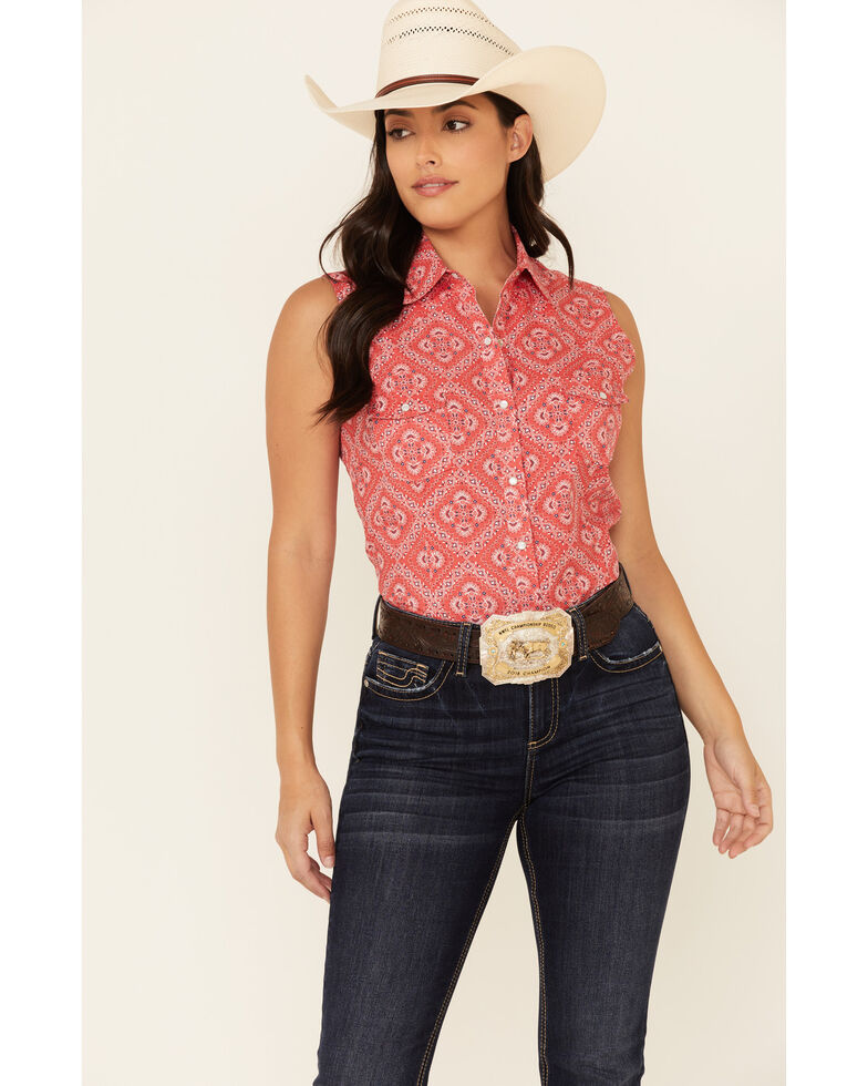 Panhandle Women's Red Paisley Print Sleeveless Snap Western Core Shirt , Red, hi-res