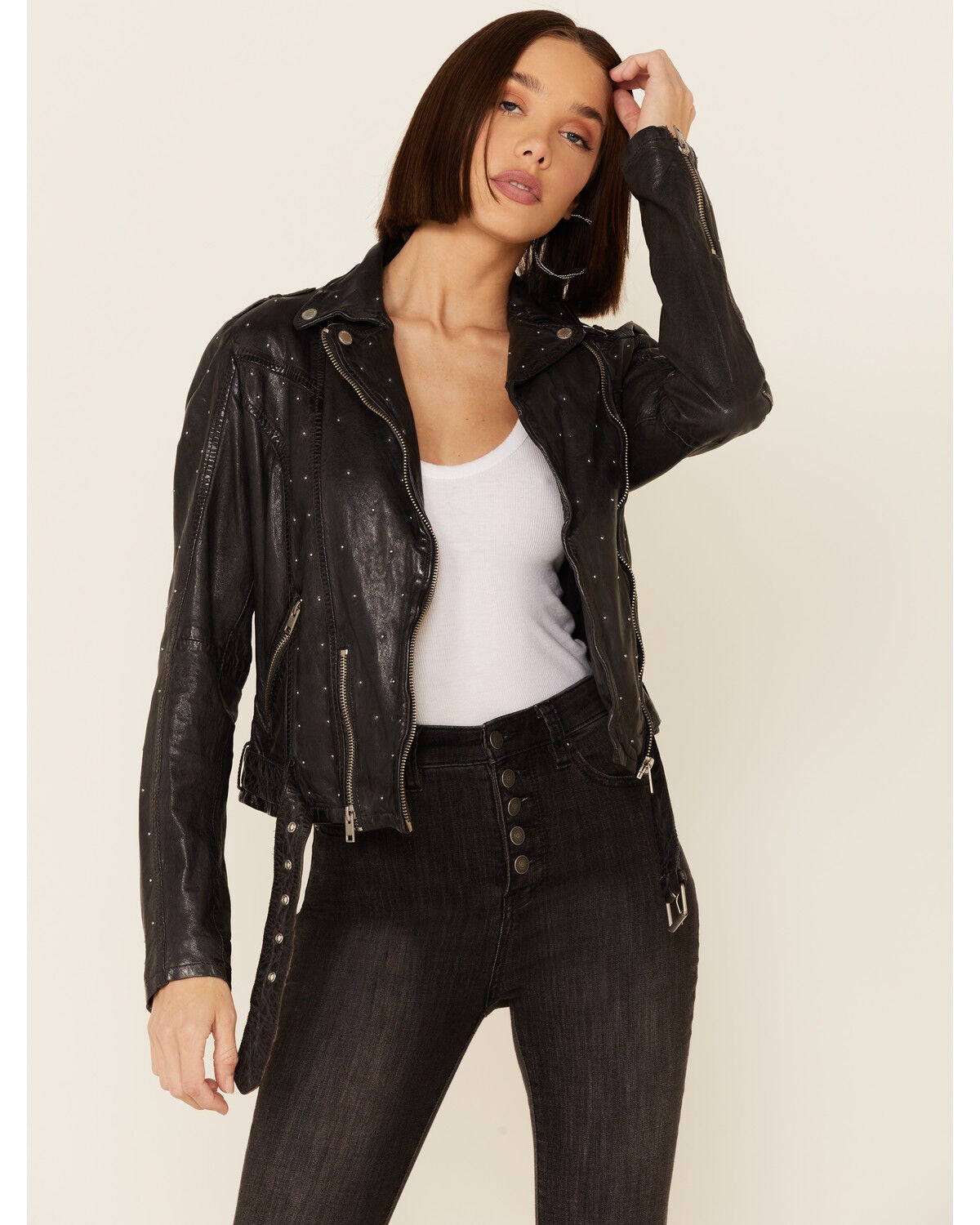 Image #1 - Mauritius Leather Women's Grey Saddy Studded Leather Moto Jacket , , hi-res