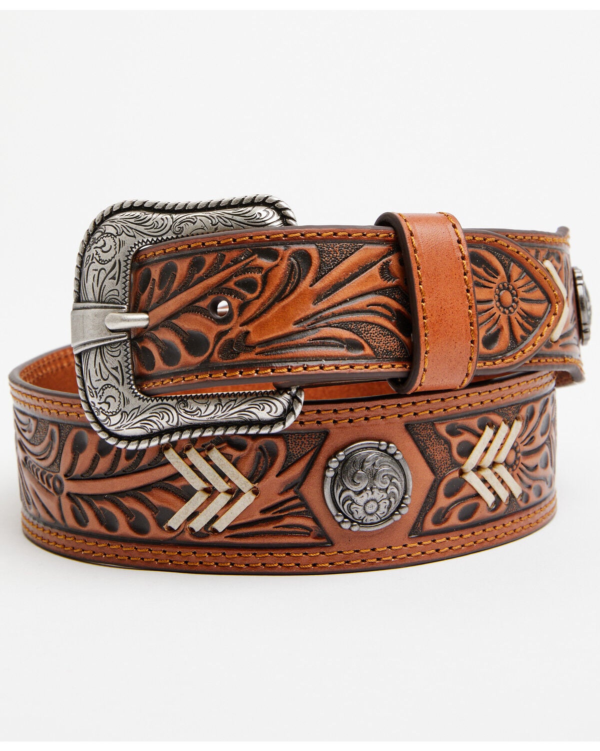 Cody James Men's Floral Tooled Chevron Stitched Leather Belt, Brown, hi-res