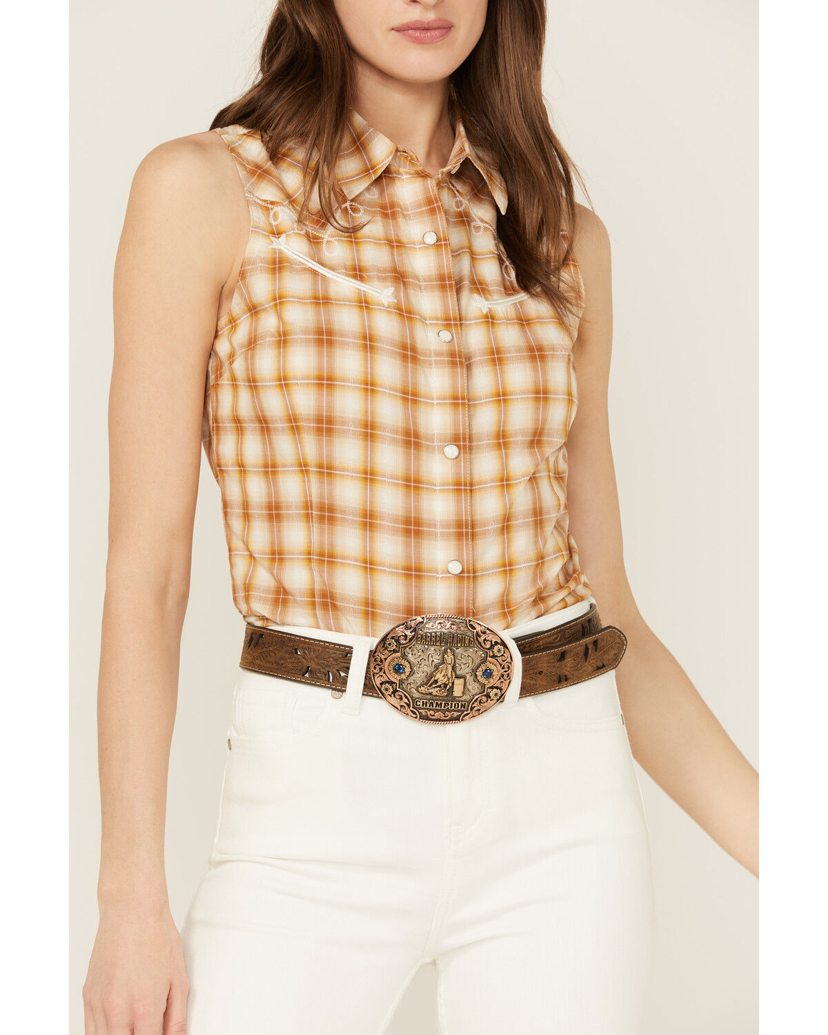 Image #3 - Wrangler Retro Women's Plaid Print Sleeveless Snap Western Shirt, Tan, hi-res