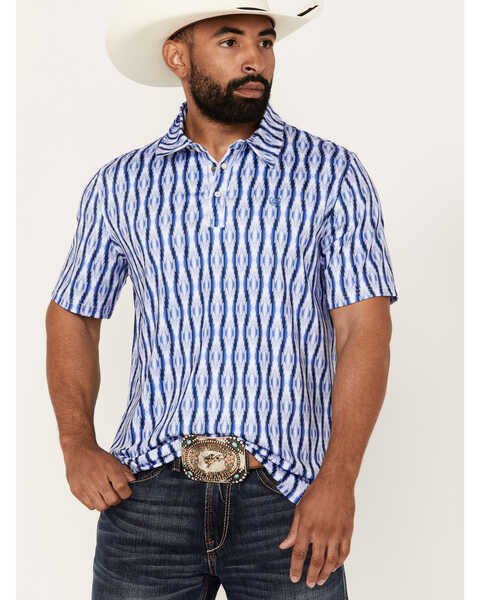 Panhandle Men's Southwestern Print Short Sleeve Snap Performance Polo Shirt , Blue, hi-res