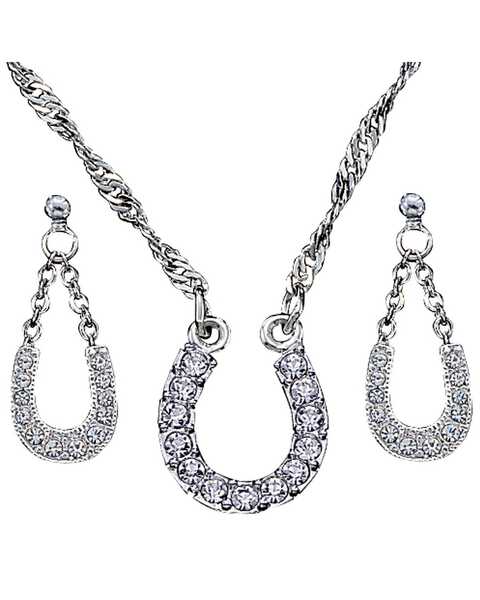 Montana Silversmiths Women's Crystal Clear Lucky Horseshoe Necklace & Earrings Jewelry Set, Silver, hi-res