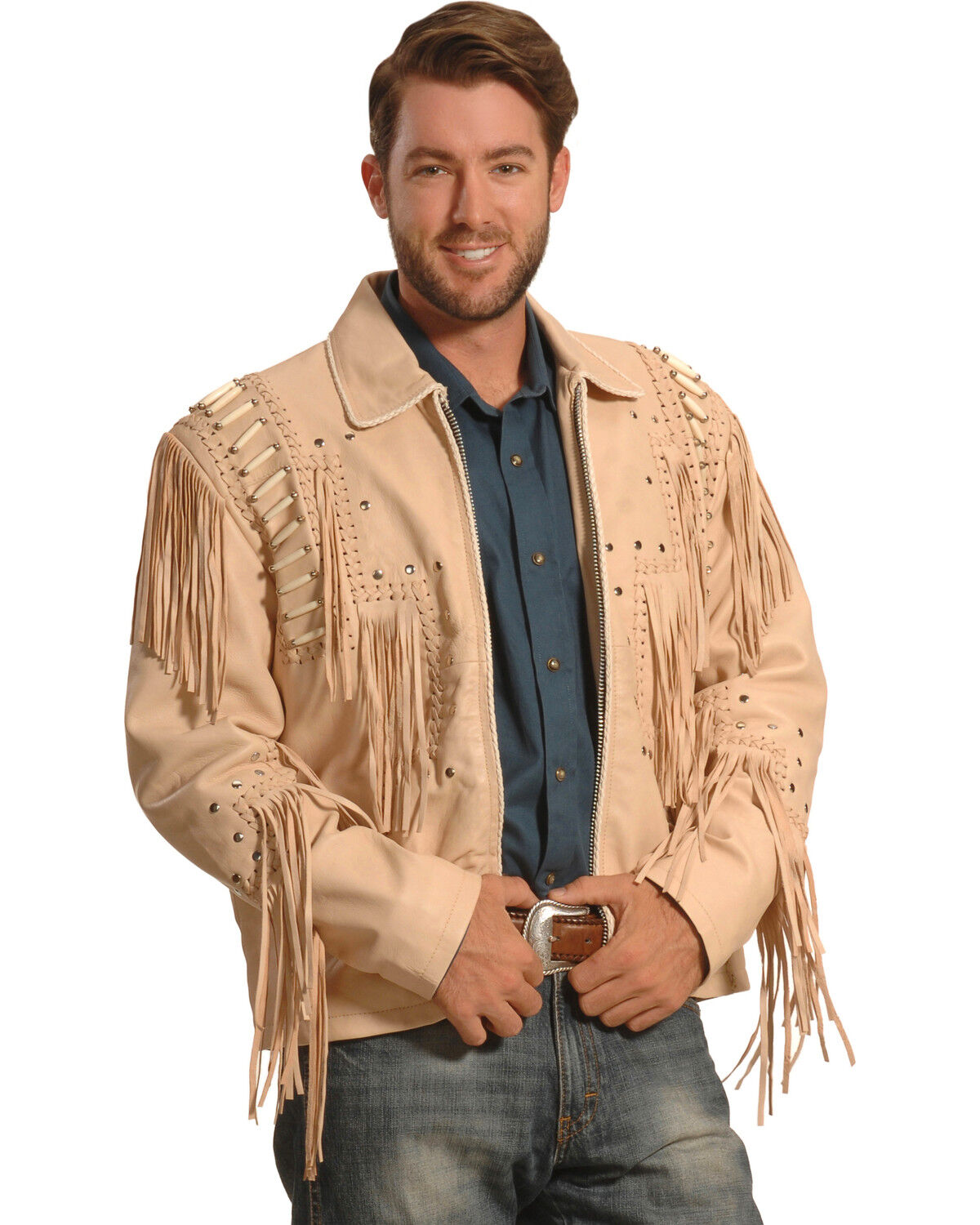 Image #2 - Liberty Wear Men's Fringed Leather Jacket, Cream, hi-res